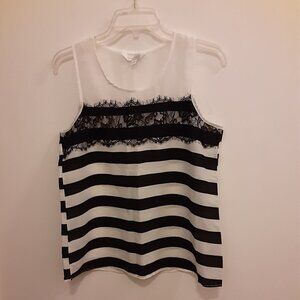 Charming Charlie Size S Black & White Striped Top w/Black Lace on Top Front